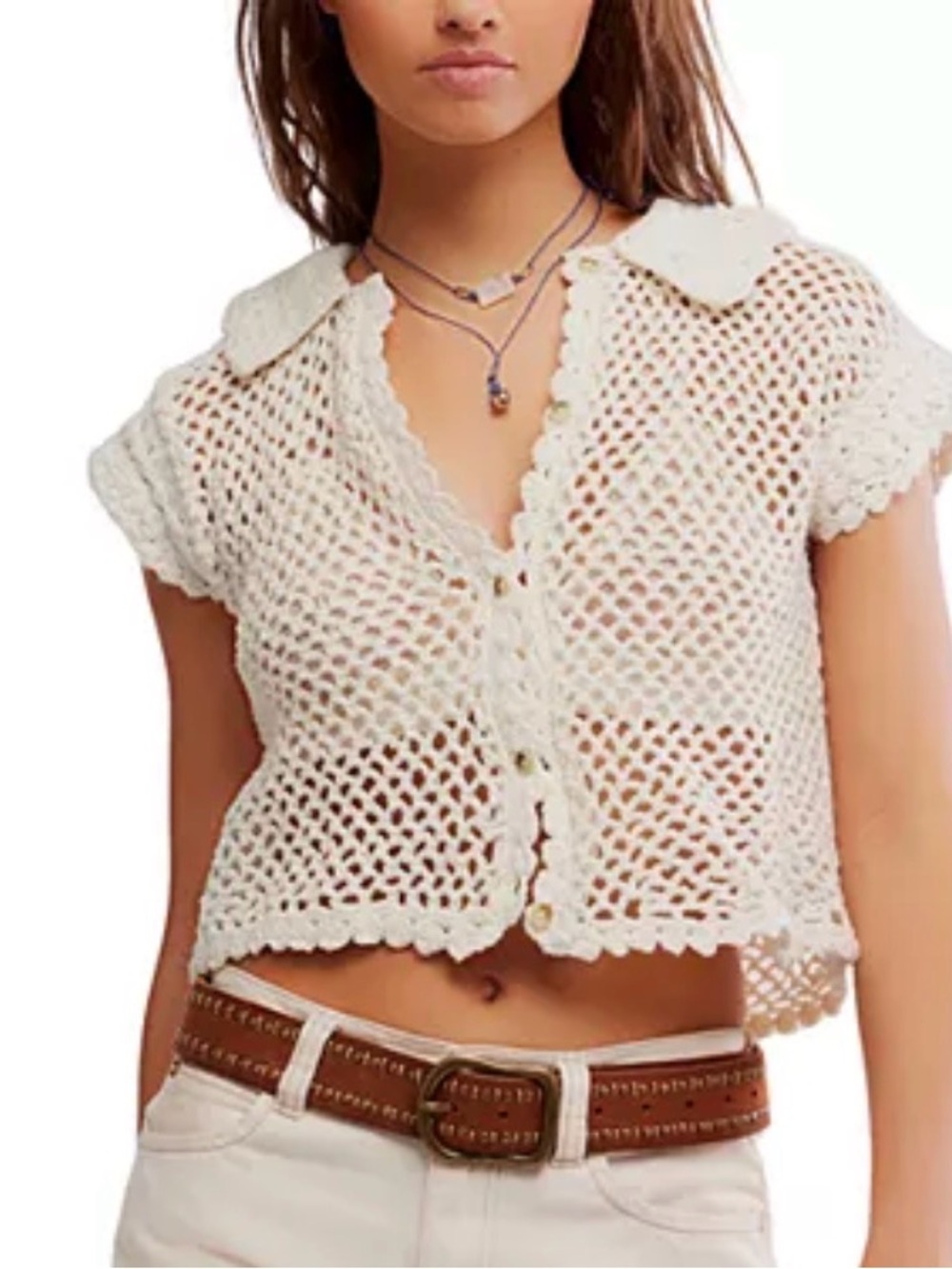 Free People Lily Crochet Top XL Coconut Milk Cotton Open Knit Boho Coastal